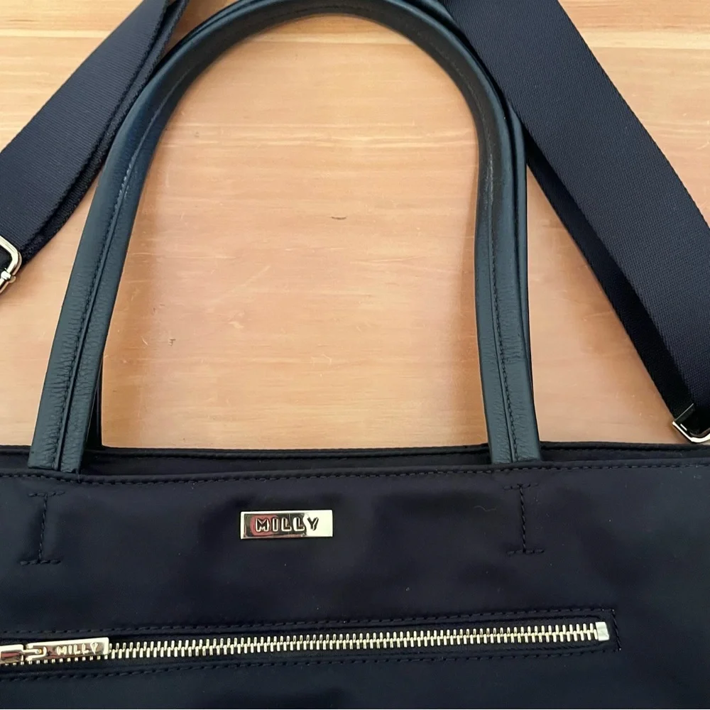 MILLY Luxe Diaper Bag Black Nylon w/ Leather Trim with Changing Pad - MSRP $350